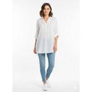 LOFT White Plaid Seersucker Button-Front Tunic Top - XL